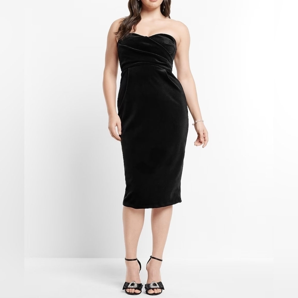 Women's Velvet Sweetheart Neck Strapless Midi Sheath Dress Pitch Black SMALL